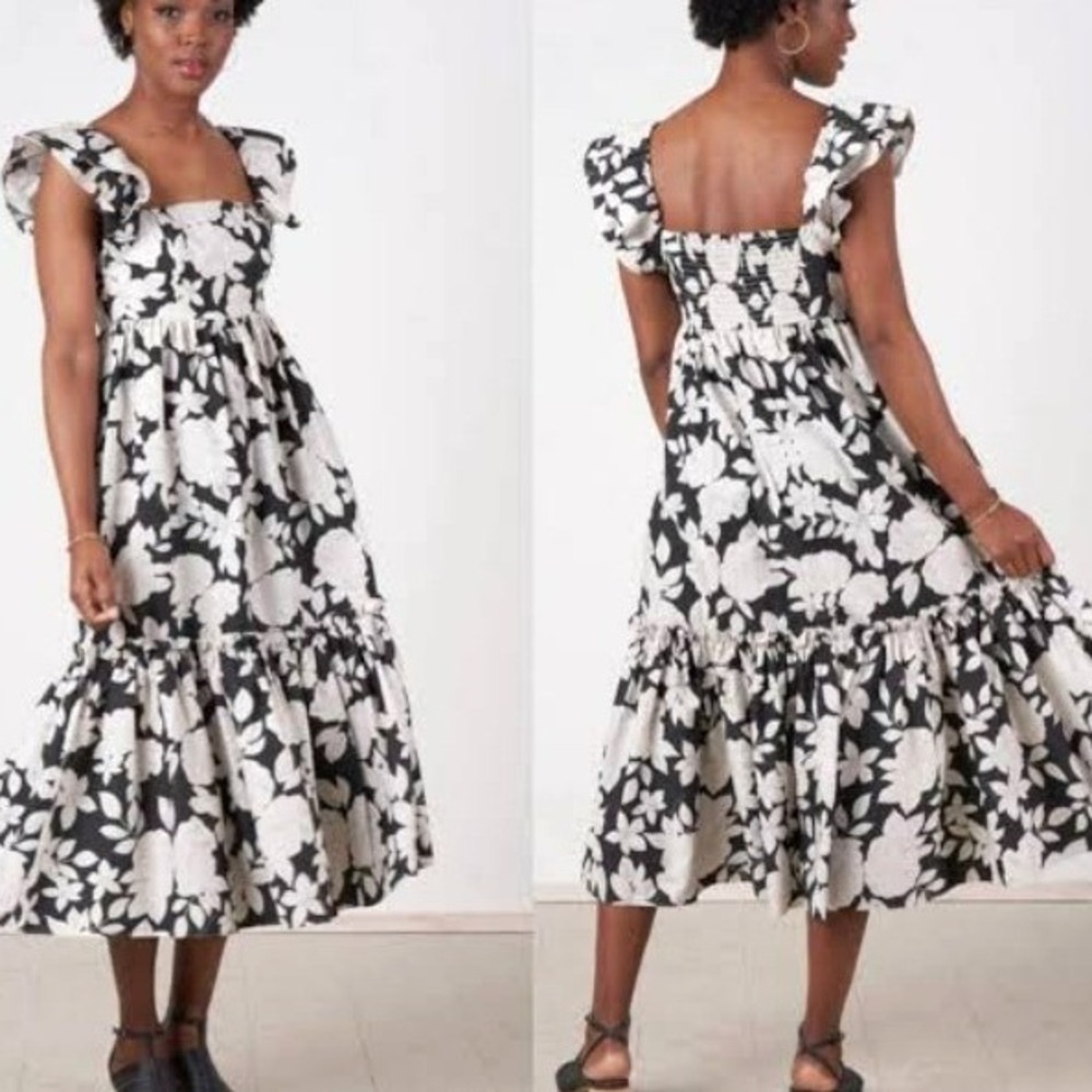 CARA CARA Women's XS Black White Floral 100% Cotton Tiered Midi Dress Pockets